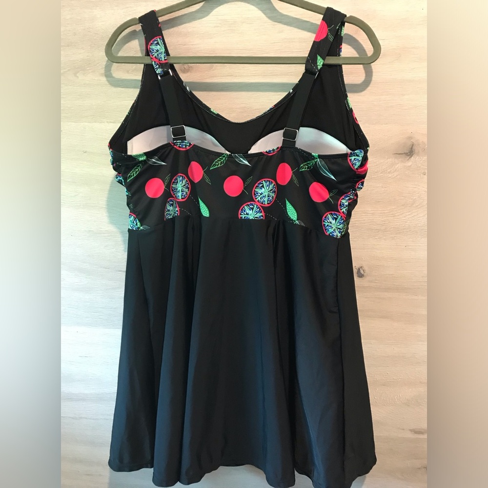 Black and Pink Cherries Multicolor Patterned SwimDress with Underwire Bra